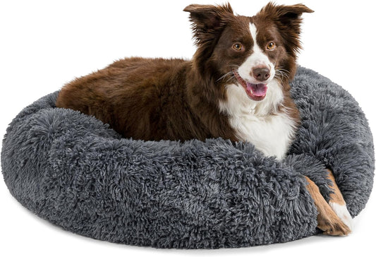 PetAmi Calming Dog Bed for Small Medium Dogs and Cats, Round Donut Washable, Fluffy Faux Fur Plush Cuddler Pet Kitten Cushion, Anti-Slip, Fits up to 45 lbs, 30 inch, Dark Gray