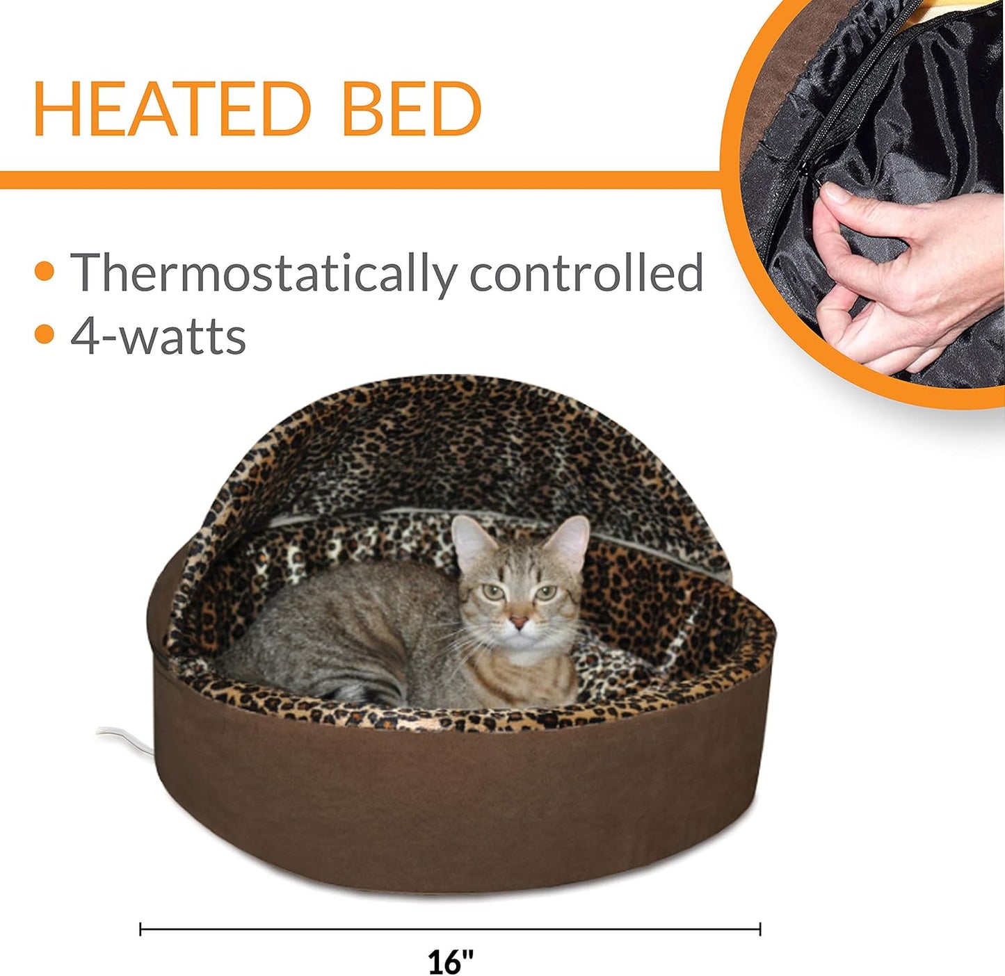 K&H Pet Products Thermo-Kitty Bed Deluxe Heated Cat Bed for Smaller Kitties - Indoor Heated Pet Bed for Dogs & Cats, Covered Cave Pet Tent, Machine Washable, Safety Listed - Small 16in Mocha/Leopard