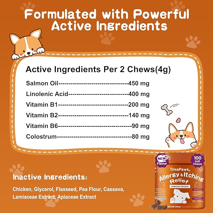 Dog Allergy & Itch Relief Supplement - Salmon Oil Omega-3, Omega-6, Vitamin B1/B2/B6, Colostrum Probiotics for Seasonal Allergy, Hot Spots, Paw Licking, 100 Chews, Peanut Butter+Salmon Oil