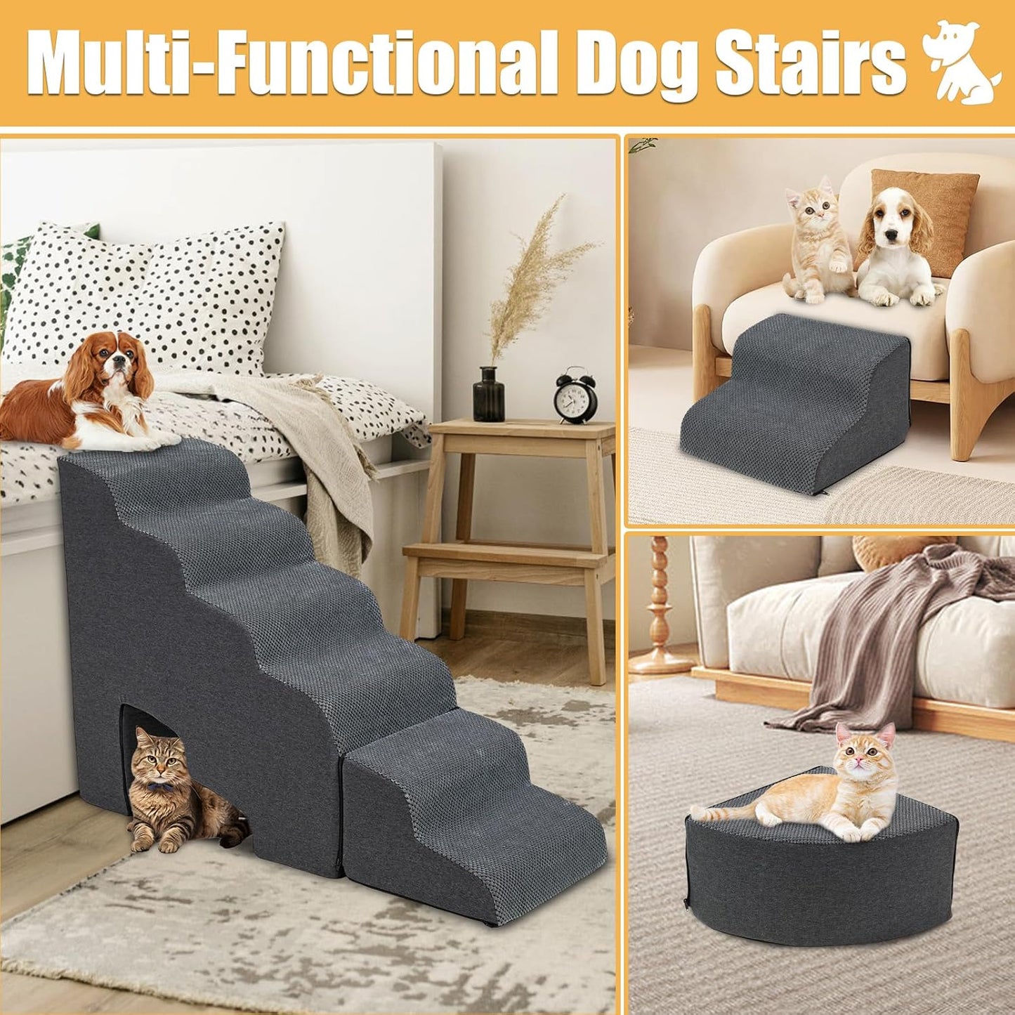 Dog Stairs for High Beds up to 30-36inch, A.FATI 6 Tiers Dog Steps Pet Stairs Adjust to Left Side of Bed, Non-Slip Pet Ramp for Small Dogs/Old Pets