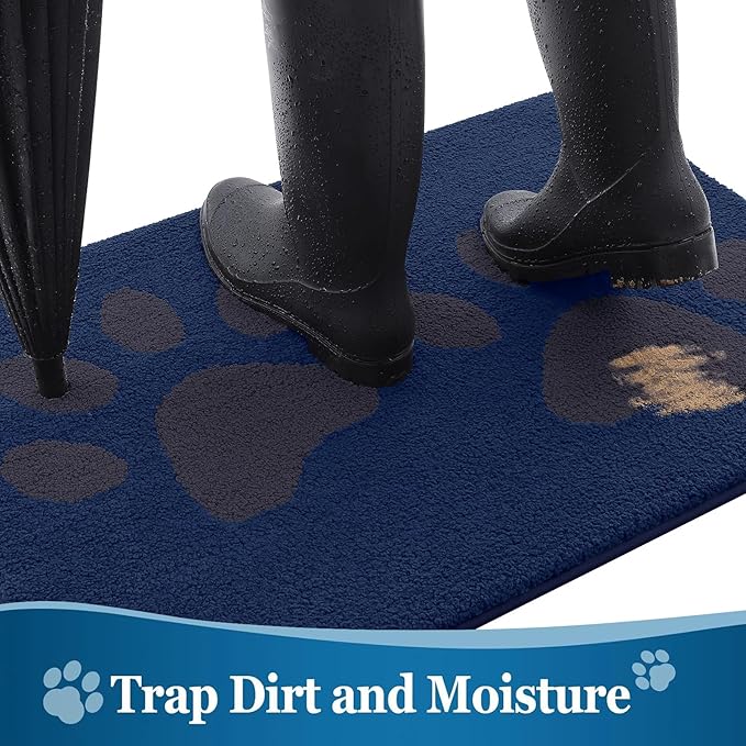 Buganda Dog Door Mat for Muddy Paws, Absorbent Dirt Trapper Washable Indoor Doormats, Non Slip Low-Profile Mud Mat for Dogs, Front Entrance Doormat for Inside Floor (40x32 Inches, Navy)