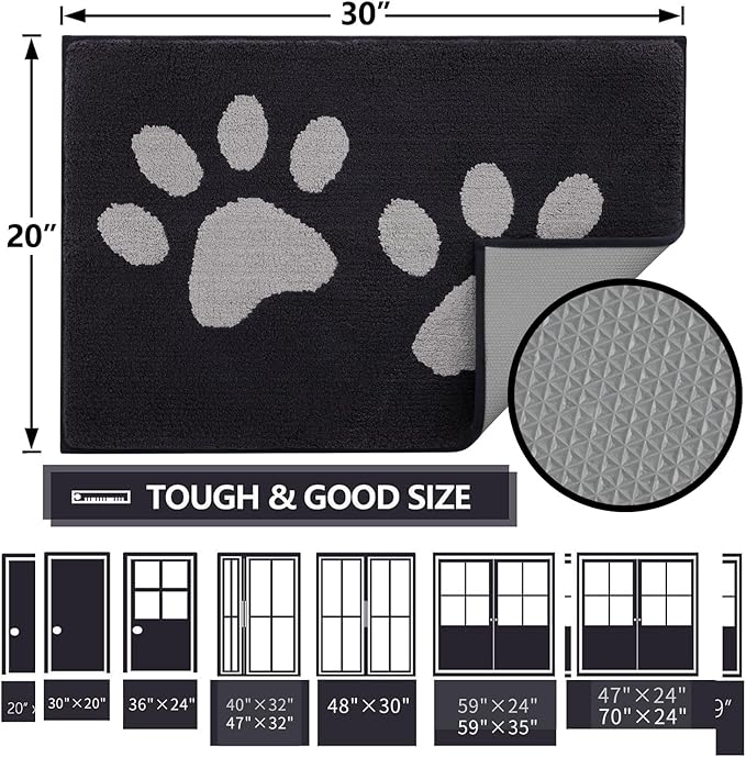 Buganda Dog Door Mat for Muddy Paws, Absorbent Dirt Trapper Washable Indoor Doormats, Non Slip Low-Profile Mud Mat for Dogs, Front Entrance Doormat for Inside Floor (47x24 Inches, Black and Grey)