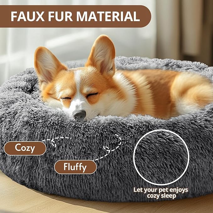JOLLYVOGUE Large Calming Dog Bed, Anti-Anxiety Donut Cuddler Cat Bed with Anti-Slip Bottom, Fluffy Faux Fur Machine Washable Pet Cushion for Medium Large Dog & Cat, 36"/Smoke Black