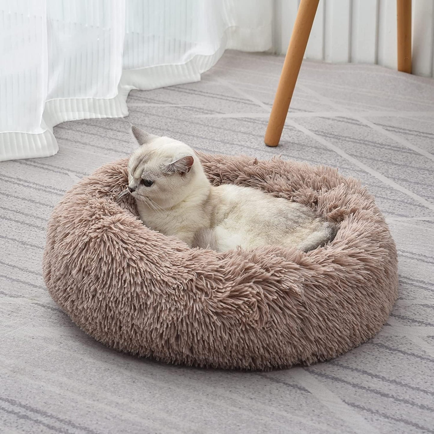 Cat Bed for Indoor Cats and Small Medium Dogs - Washable 20/24 Inches, Round Fluffy Plush Faux Fur, Anti-Anxiety, Thick Bottom (Light Brown, Medium)