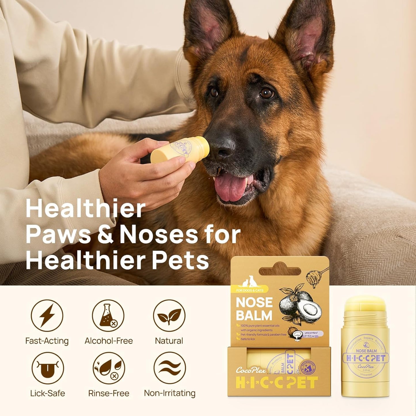 HICC PET Paw & Nose Balm for Dogs and Cats, Vet-Recommended Moisturizes, Repairs, and Soothes Dry, Cracked Nose & Paws, All-Natural Dog Elbow Butter with Fermented Coconut Oil for Daily Care, 0.53oz