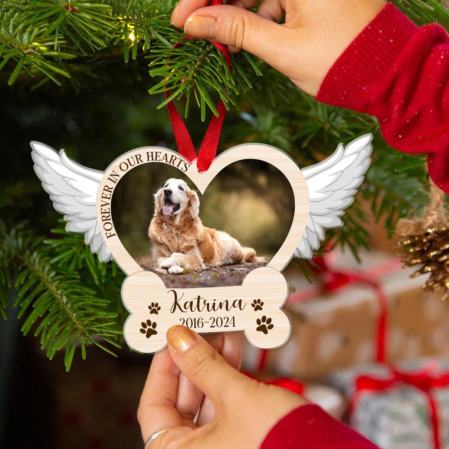 Personalized Wings Memorial Dog Christmas Ornaments - Forever in Our Hearts Acrylic Ornament for Your Loss Pet - Custom Photo, Name, Years (Wings Memorial Dog)