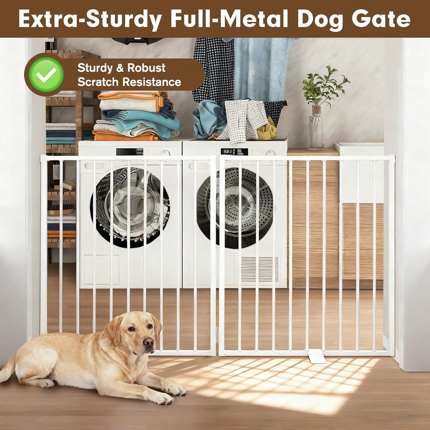 52" Dog Gate Extra Wide, Heavy Duty Metal Freestanding Dog Gate with Door for Indoor & Outdoor, Foldable Pet Fence for Stairs, Doorways,House,Porch,Deck,Yard, Auto Close(2 Panels,White)