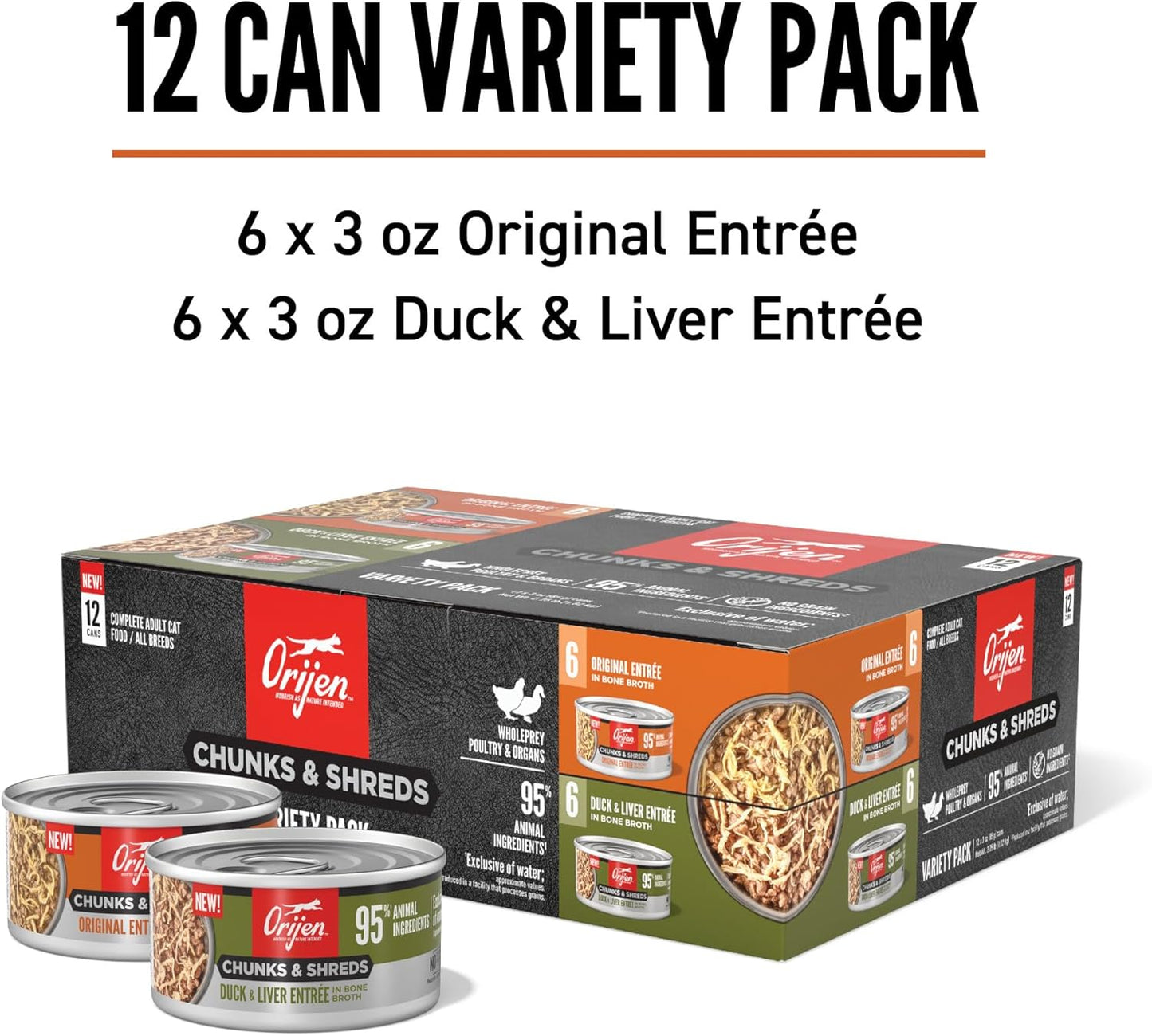 ORIJEN Chunks & Shreds Wet Cat Food Variety Pack: Original + Duck & Liver Recipes 3oz Cans (12 Count, 6 of Each)