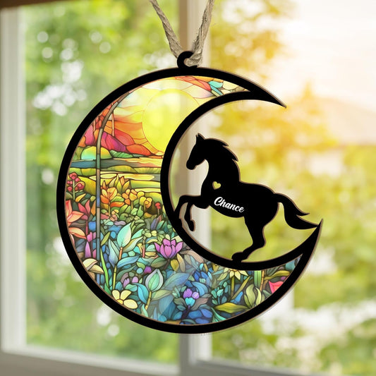 Personalized Moon Sign Horse Suncatcher Ornament - Memorial Hanging Door Keepsake for Horse Lovers - Loss of Pet Sympathy Gift