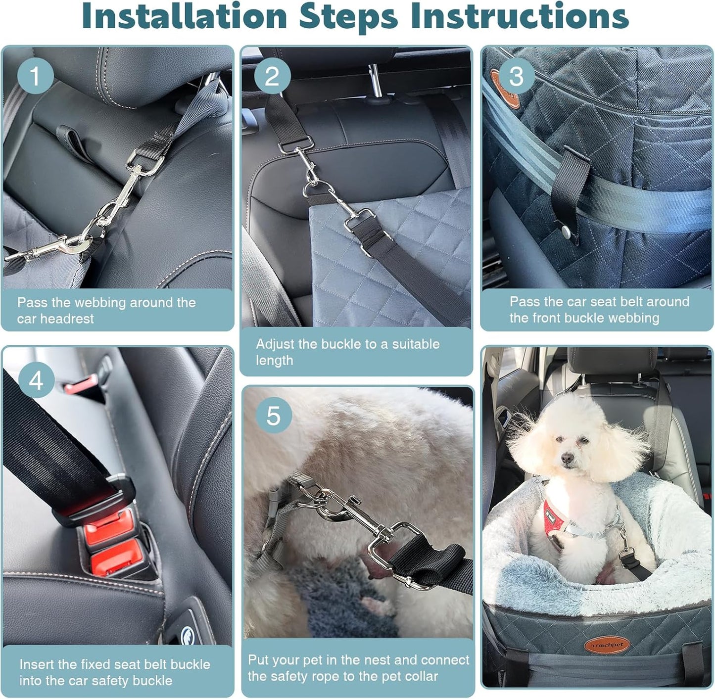 Dog Car Seat with Loops Dog Booster Seat for All Seasons, Anti Slip Bottom Pet Travel Bed with Thick Pets Sofa Cushion and Storage Pockets for Small Pets（Grey）