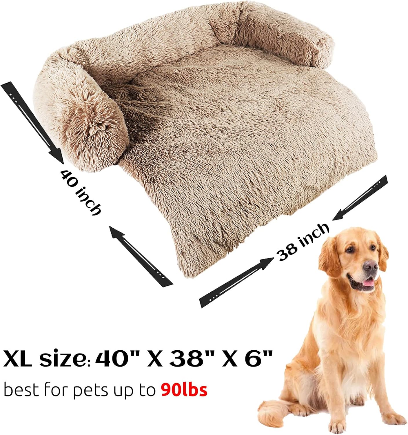 HACHIKITTY Calming Pet Sofa Bed Mat, Washable Plush Couch Cover, Furniture Protector Mat for Dogs and Cats, Fluffy Dog Couch Bed with Anti-Slip Bottom (40"x 38"x 6", Camel)