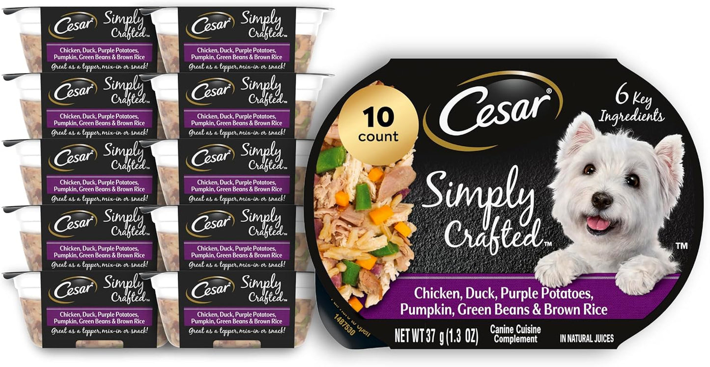 Cesar Simply Crafted Adult Wet Dog Food Meal Topper, Chicken, Duck, Purple Potatoes, Pumpkin, Green Beans & Brown Rice, 1.3oz. (10 Count, Pack of 1)