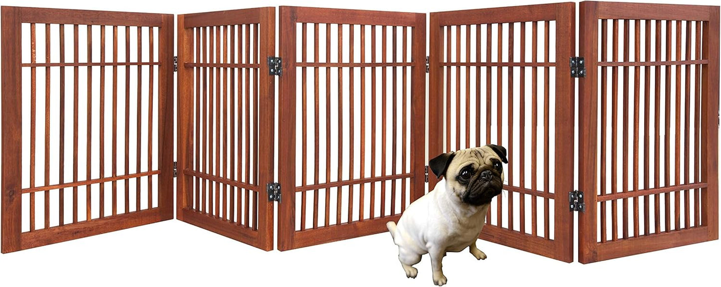 Pet Dog Gate Strong and Durable Freestanding Folding Acacia Hardwood Portable Wooden Fence Indoors or Outdoors by Urnporium (Brown Pet Gate, 5 Panel 24" Tall)