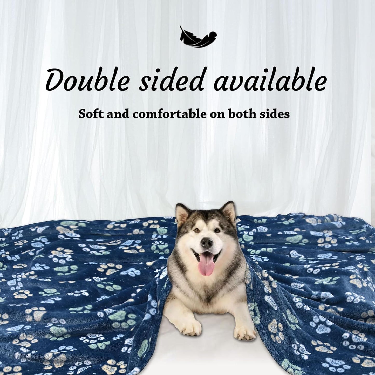 Flannel Pet Blankets for Large Dogs & Cats - Washable, Soft Mat Throw Cover for Kennel, Crate, Bed - Cute Paw Pattern - Navy Blue 60" x 80"