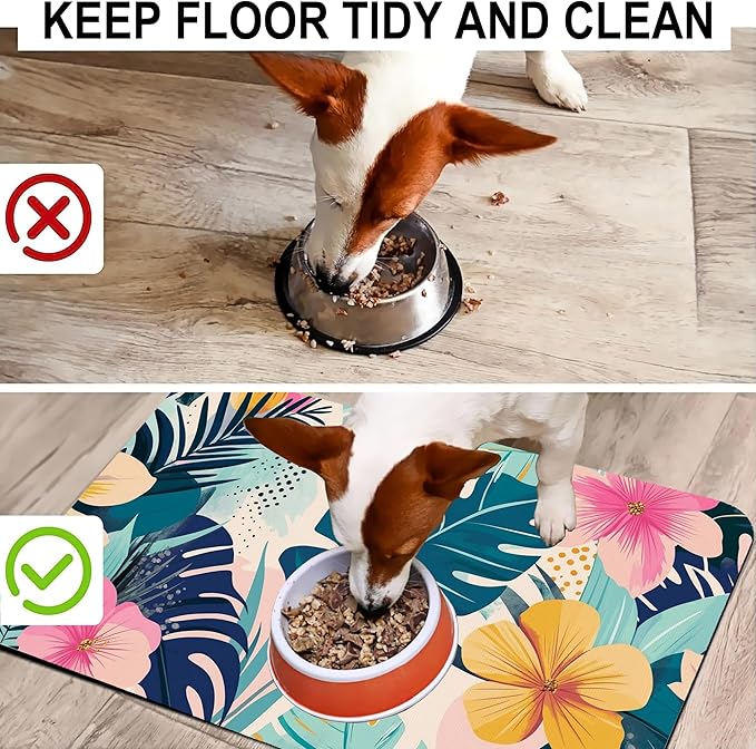 Tropical Leaves Flowers Pet Feeding Mat for Floors-Absorbent Dog Bowl Mat for Food and Water, Quick Dry Pet Cat Feeding Mats with Non Slip Bottom, Mess-Free Dog Accessories 16"x24"