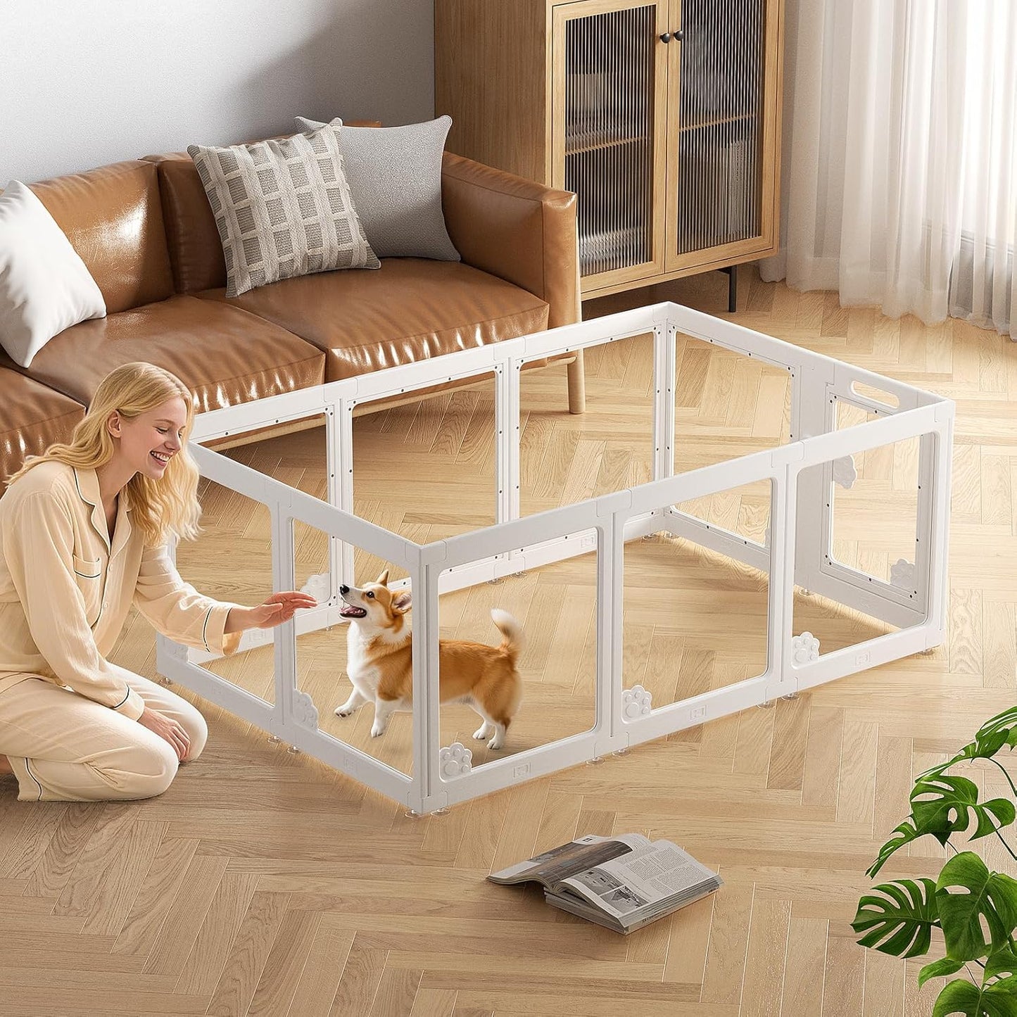 Expandable 12PCS Dog Playpen for Indoors, Modular Puppy Play Pen with Lockable Doors, Chew-Proof Transparent Panels & Waterproof Base. Perfect for Small Animals, Puppy Training or Multi-Pet Homes