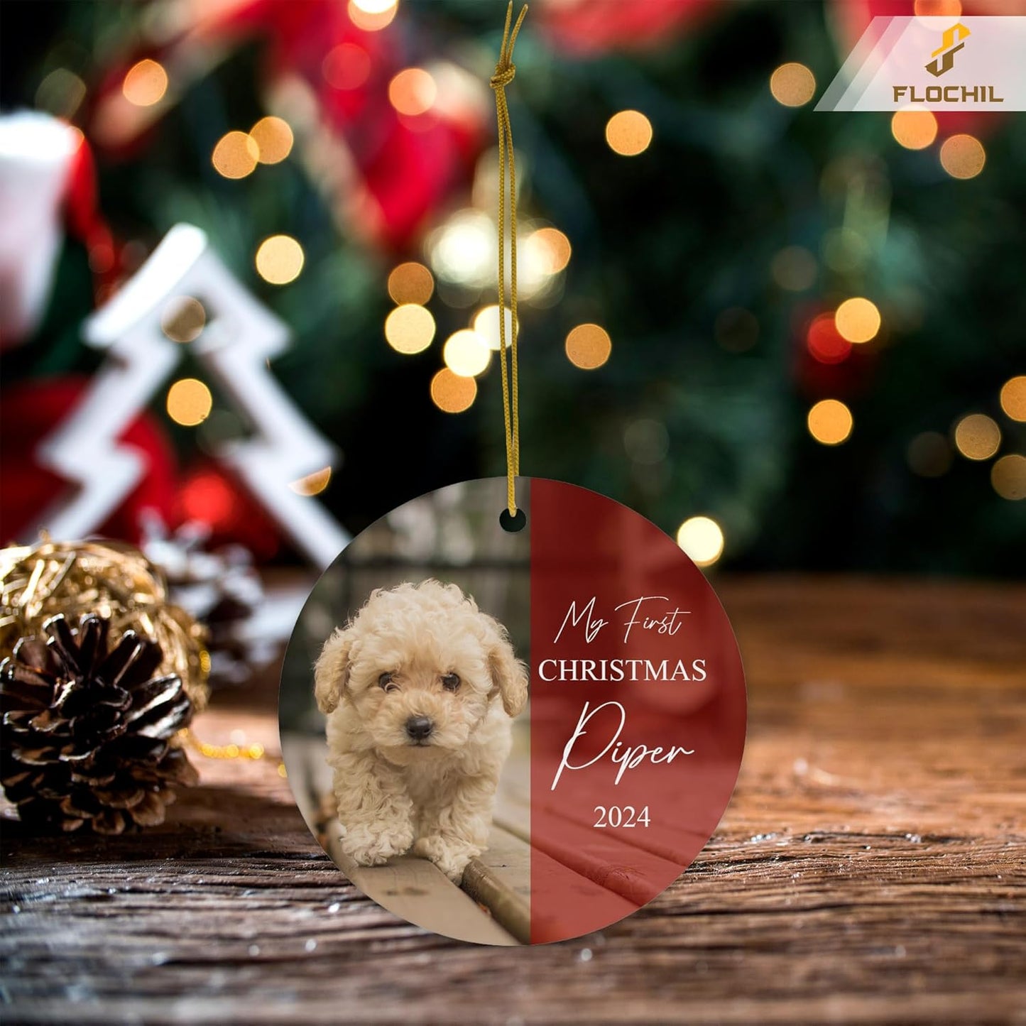 FLOCHIL Personalized Dog Christmas Ornaments, Custom Photo Name for Christmas Trees, Dog First Christmas Ornaments, Best Gifts for Pet Lovers