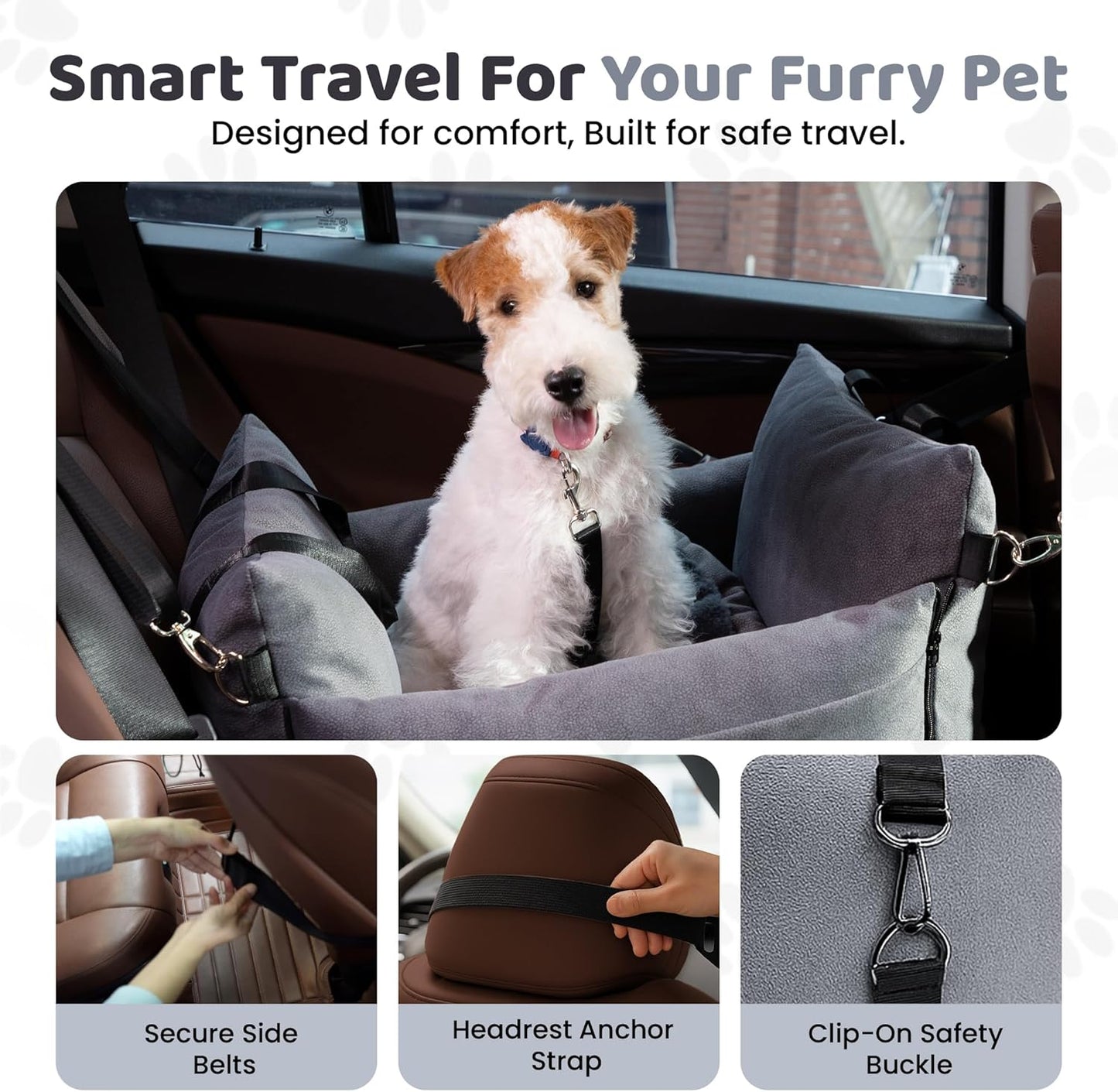 Cozy Dog Car Seat for Medium Dogs, Soft Dog Bed for Car, Safety Travel Bed & Portable Pet Carrier, Removable & Washable with Storage Pockets, Clip-On Safety Belt