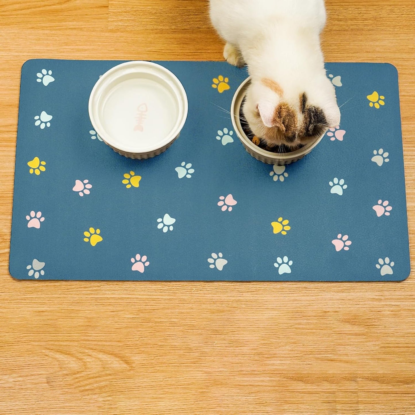 Cat Food Mat Absorbent Dog Mat for Food and Water Non Slip Quick Dry Dog Bowl Mats for Floors 19" X 12" Paw Lake Blue