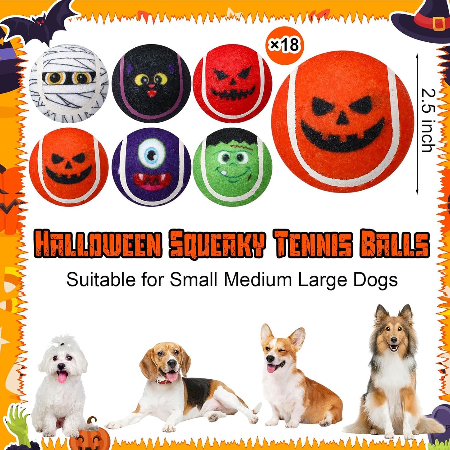 Civaner 18 Pcs Halloween Dog Toys Bulk, 2.5 Inch Squeaky Tennis Balls for Small Medium Large Dogs Pets Puppy Chew Teething Toy Interactive Training Gifts Xmas Stocking Stuffers