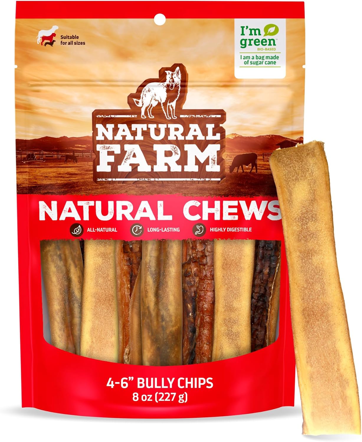 Natural Farm Bully Chips (4-6 Inch, 8 Oz.), Digestible Beef Cheek from Grass-Fed Cows, Non-GMO, Grain-Free, Natural Long-Lasting Dog Chews for Small, Medium & Large Dogs, Great Rawhide Alternative