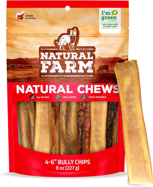 Natural Farm Bully Chips (4-6 Inch, 8 Oz.), Digestible Beef Cheek from Grass-Fed Cows, Non-GMO, Grain-Free, Natural Long-Lasting Dog Chews for Small, Medium & Large Dogs, Great Rawhide Alternative