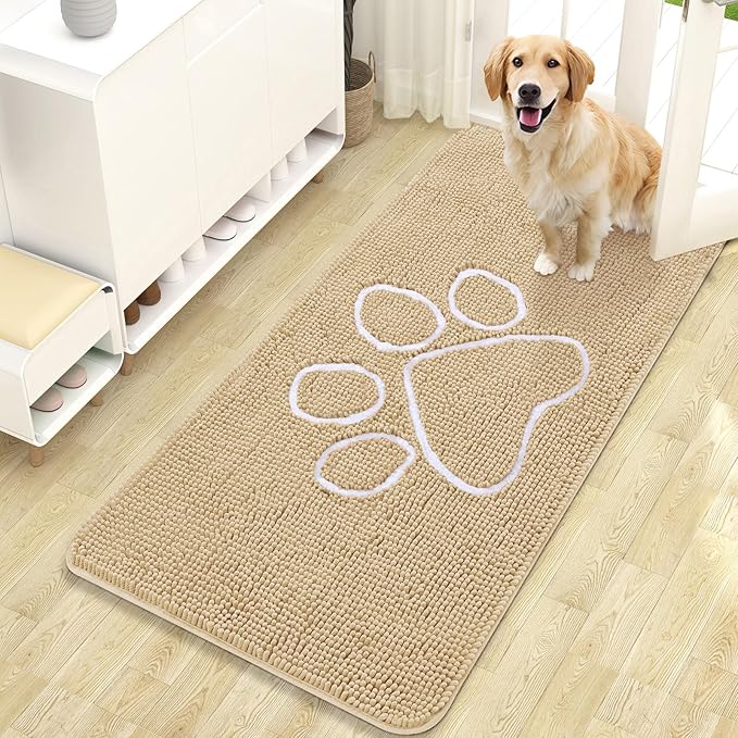 OLANLY Door Mat for Muddy Dog Paws 47x24, Ultra Absorbent Chenille Mud Doormat with Paw Print Design, Non-Slip Washable Doormat for Indoor Entryway, Quick-Dry Pet Bed Mats for Dirty Dogs, Beige