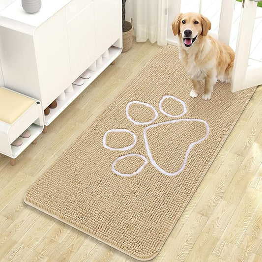 OLANLY Door Mat for Muddy Dog Paws 47x24, Ultra Absorbent Chenille Mud Doormat with Paw Print Design, Non-Slip Washable Doormat for Indoor Entryway, Quick-Dry Pet Bed Mats for Dirty Dogs, Beige