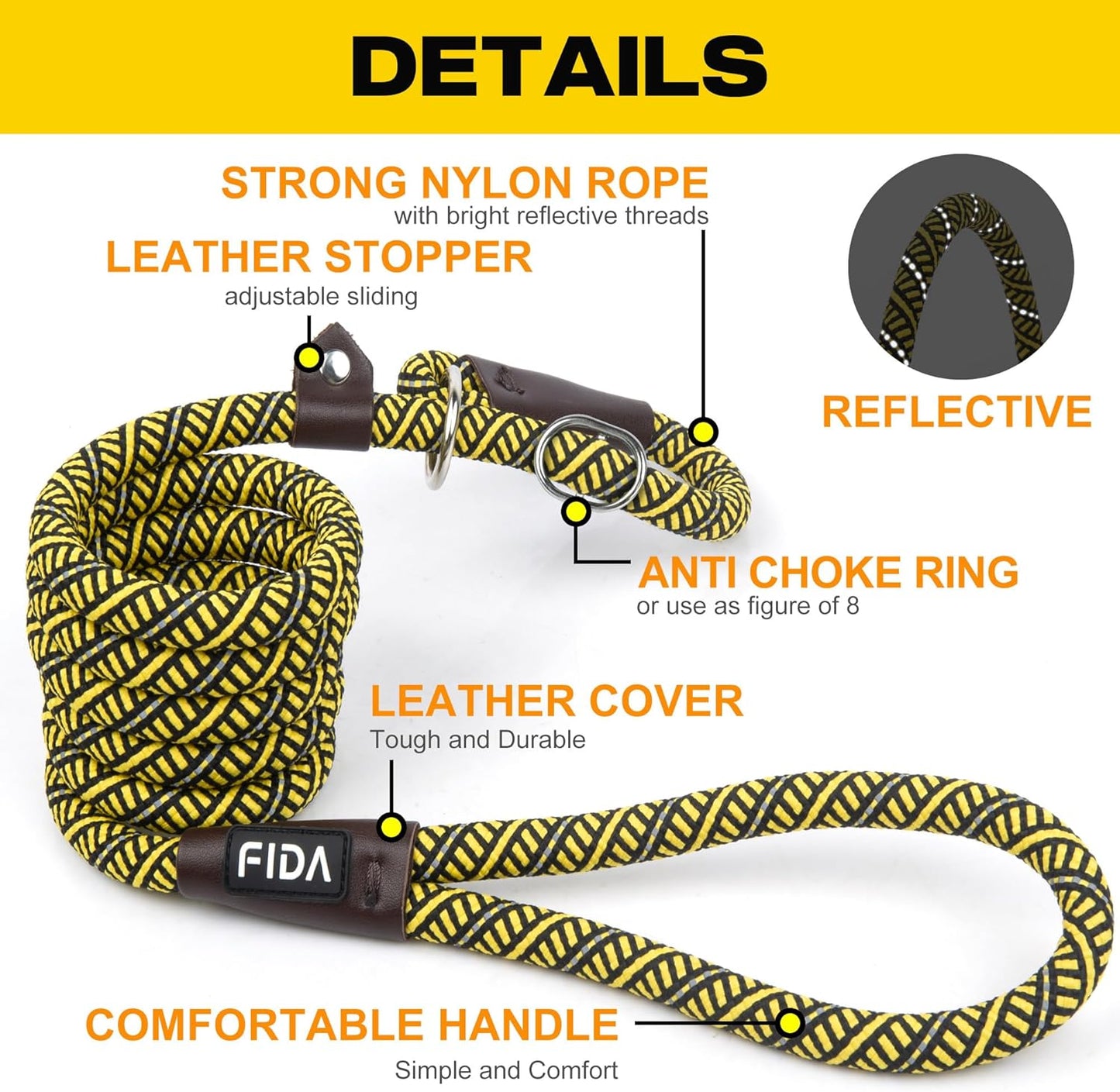 Fida Durable Slip Lead Dog Leash, 6 FT x 3/8" Heavy Duty Comfortable Strong Rope Slip Lead for Small Dogs and Puppies, No Pull Pet Training Leash with Highly Reflective (3/8", Yellow)
