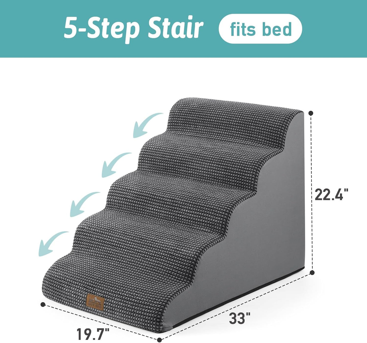 Extra Wide Dog Stairs 19.7" Width, Large Pet Step for Small Medium Dog, Puppy or Cat, Ramp for High Bed or Car, High Density Foam Ladder, Stable, 5 Step, 19.7x33x22.4 in, Charcoal Grey