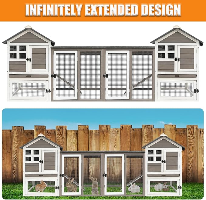 Rabbit Hutch-Indoor Outdoor Rabbit Hutch with Pull Out Tray Large Rabbit Hutch FirWood Bunny Hutch Indoor Guinea Pig Cages Waterproof Asphalt Roof, GREYWHITE, RAB HUTCH#17 (RAB17)