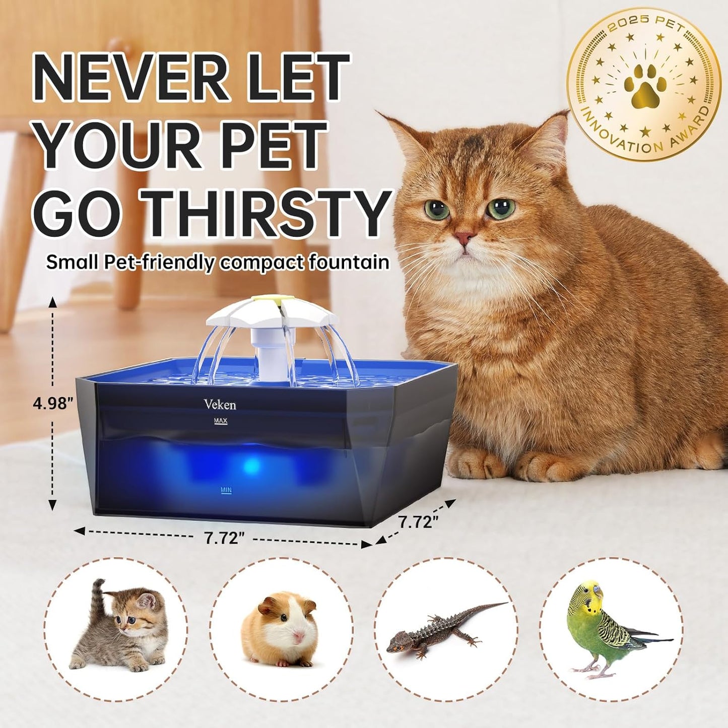 Veken Small Pet-Friendly Cat Water Fountain with Quiet Pump, Easy to Clean & Assemble, 50oz Mini Pet Water Dispenser with 4 Replacement Filters & 4 Pre-Filter Sponges for Small Animals, Blue