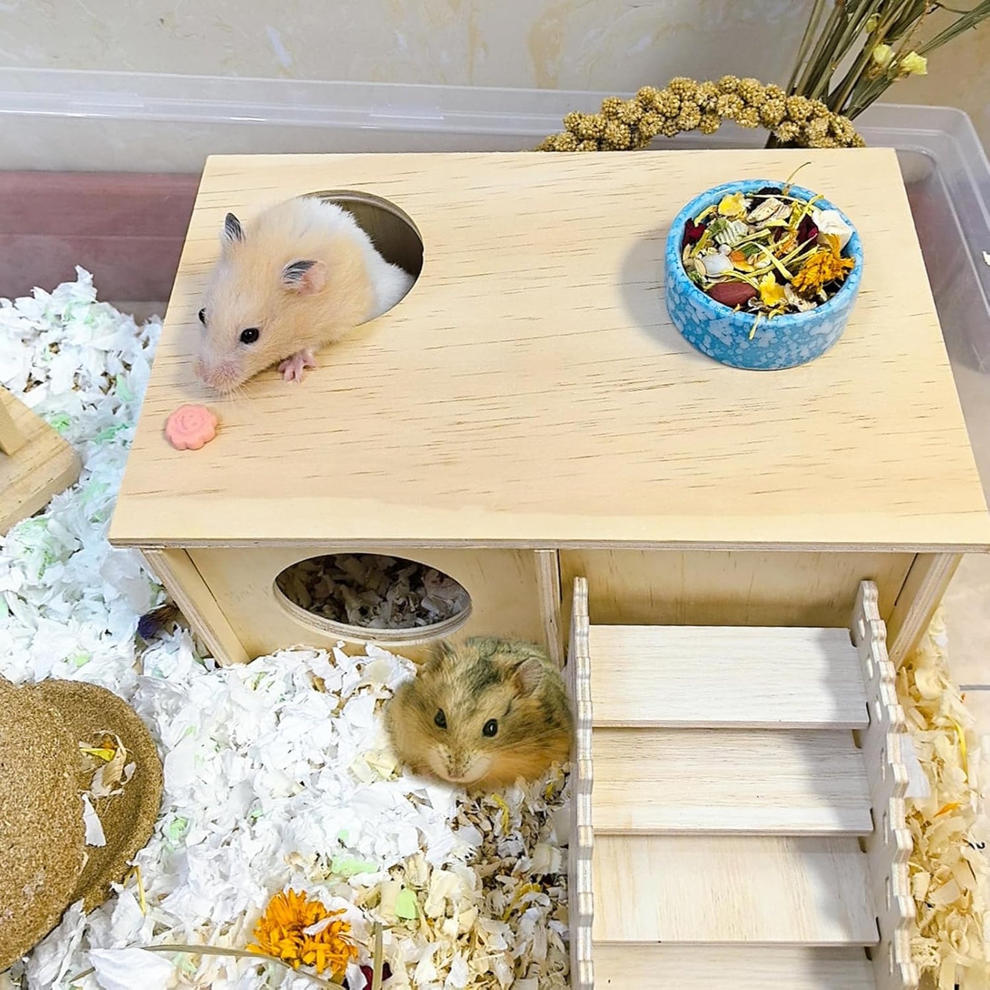 Wooden Hamster Hideout,Hamster House with Ceramic Bowl & Ladder,Small Pets Multi-Chamber Explore Hide Hut Habitats Decor Accessories for Rat,Gerbils, Dwarf Hamsters, Mice