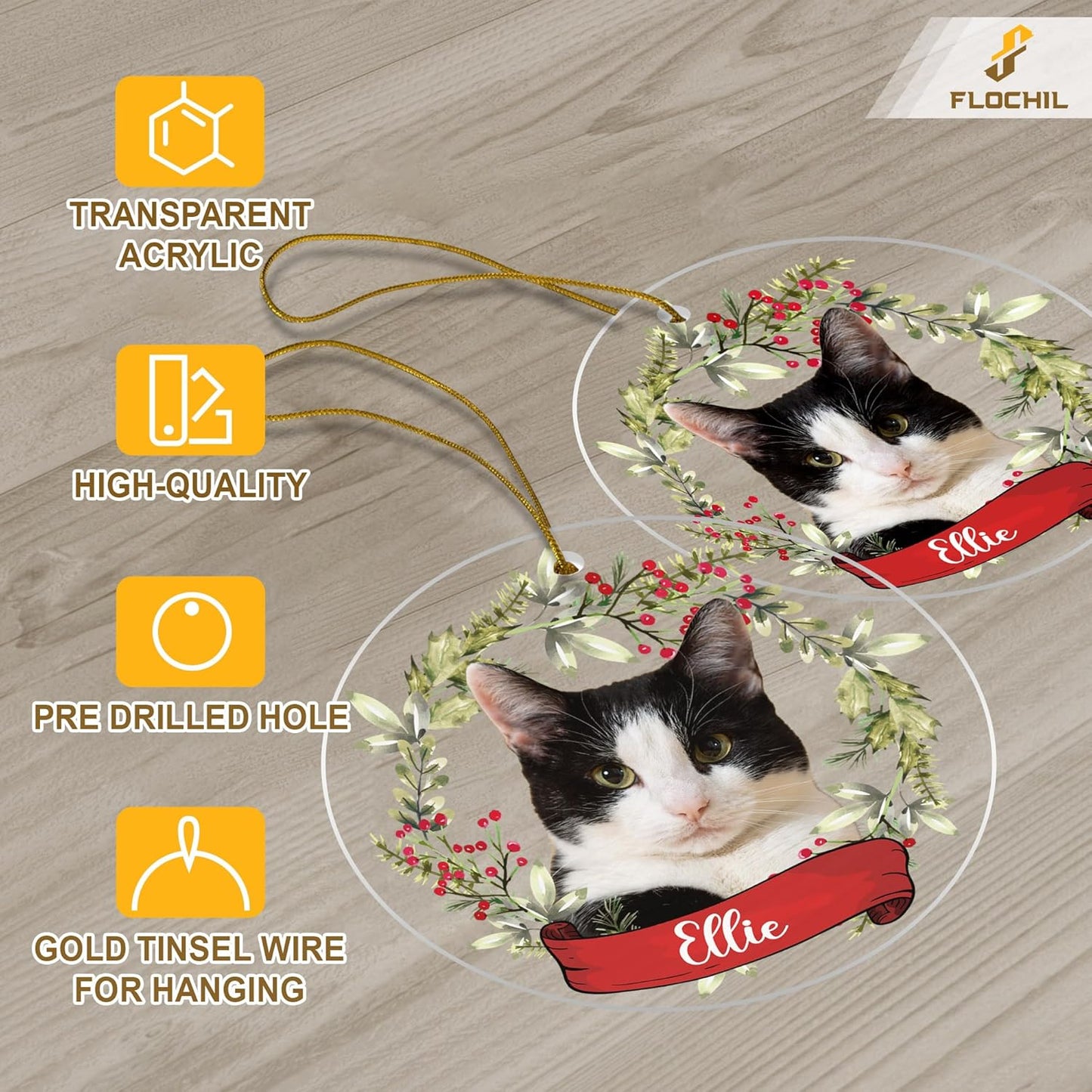 FLOCHIL Personalized Cat Christmas Ornaments Custom Photo Name for Christmas Trees, Cat First Christmas Ornaments, Gifts for Pet Lovers Acrylic Ornament