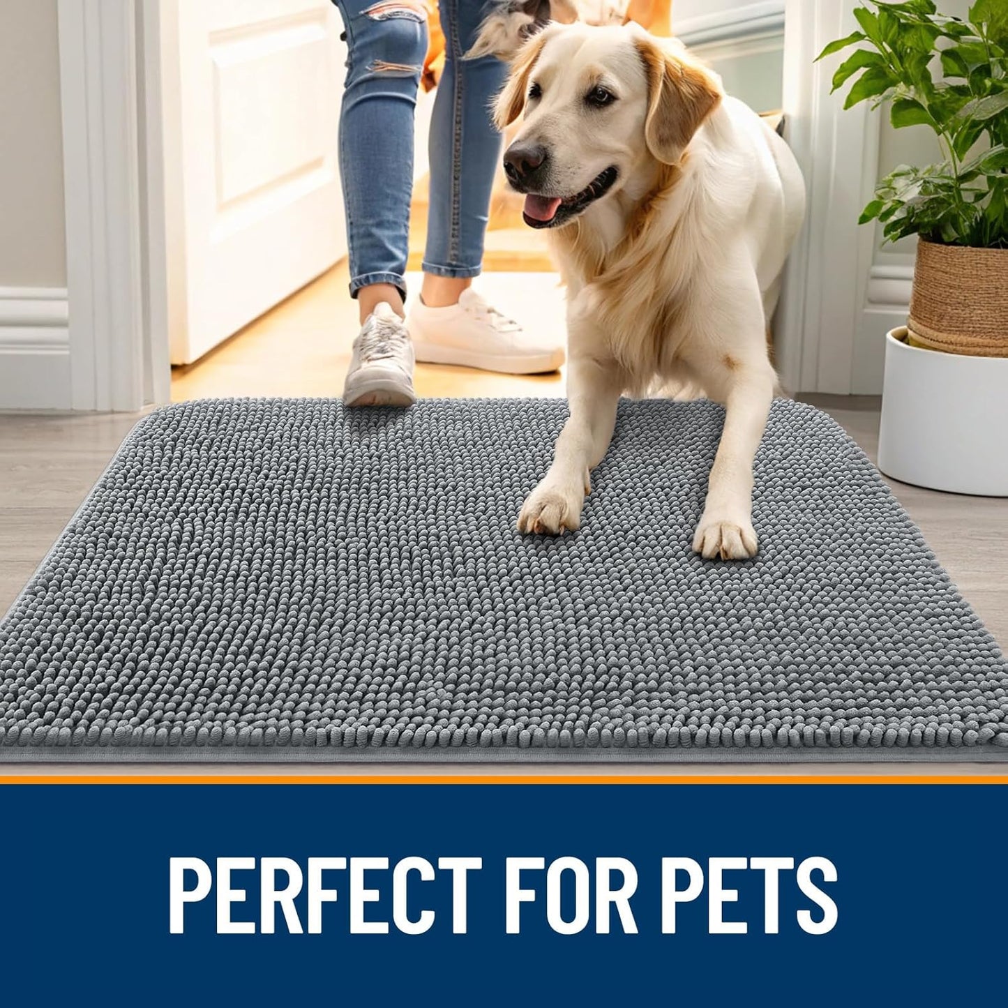 OLANLY Dog Door Mat for Muddy Paws 34x21, Absorbs Moisture and Dirt, Absorbent Non-Slip Washable Doormat, Quick Dry Chenille Mud Mat for Dogs, Entry Indoor Entryway Carpet for Inside Floor, Grey