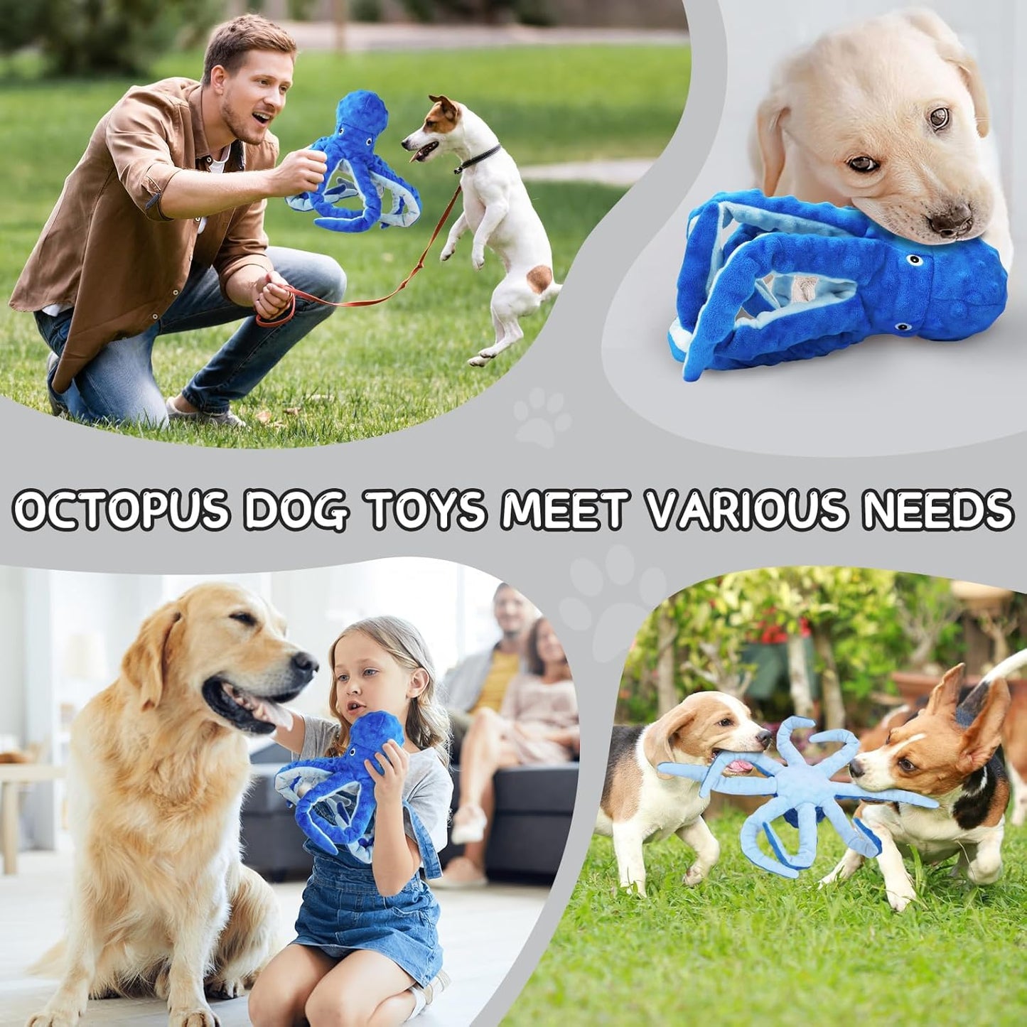 Octopus Squesky Dog Toys for Large Medium Small Dogs, Stuffed and Tough Plush Dog Toys for Aggressive Chewers(Blue)