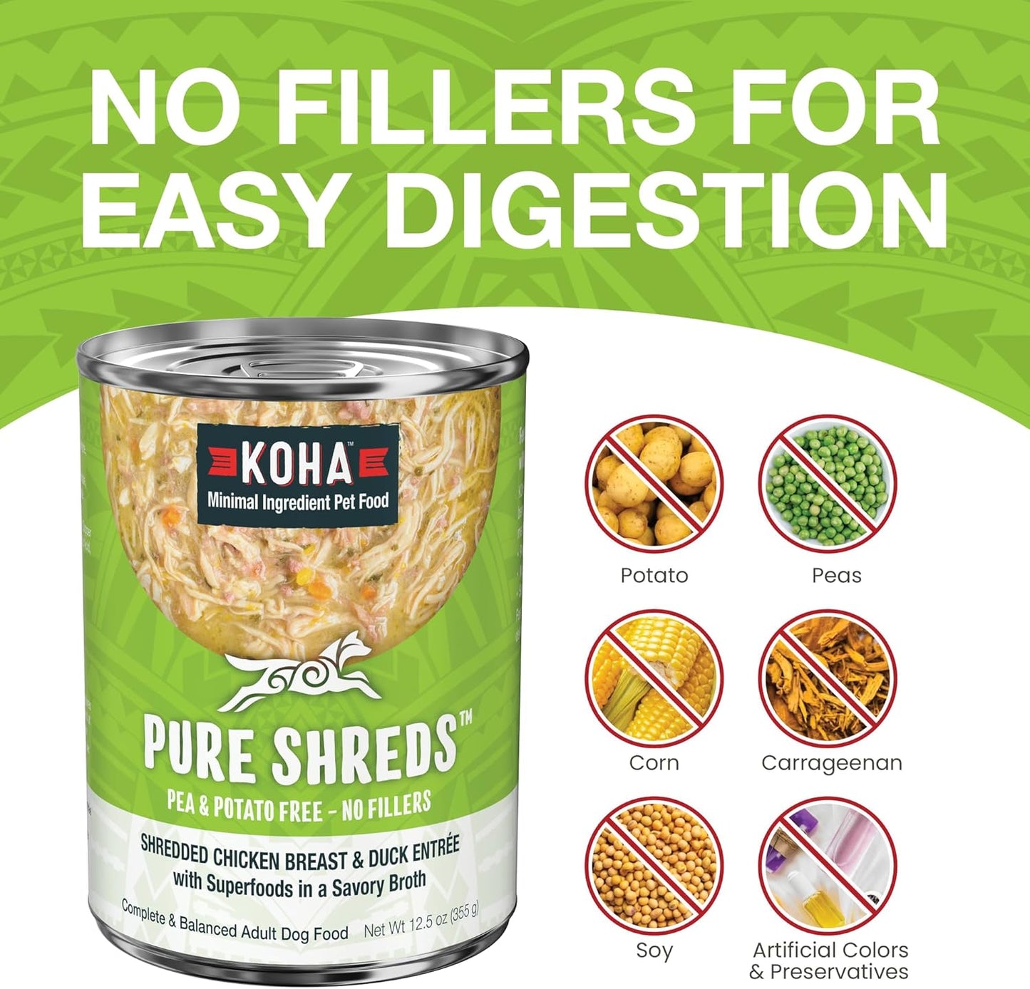 KOHA Pure Shreds Chicken and Duck Entrée for Dogs, 12.5oz Cans (Pack of 12)
