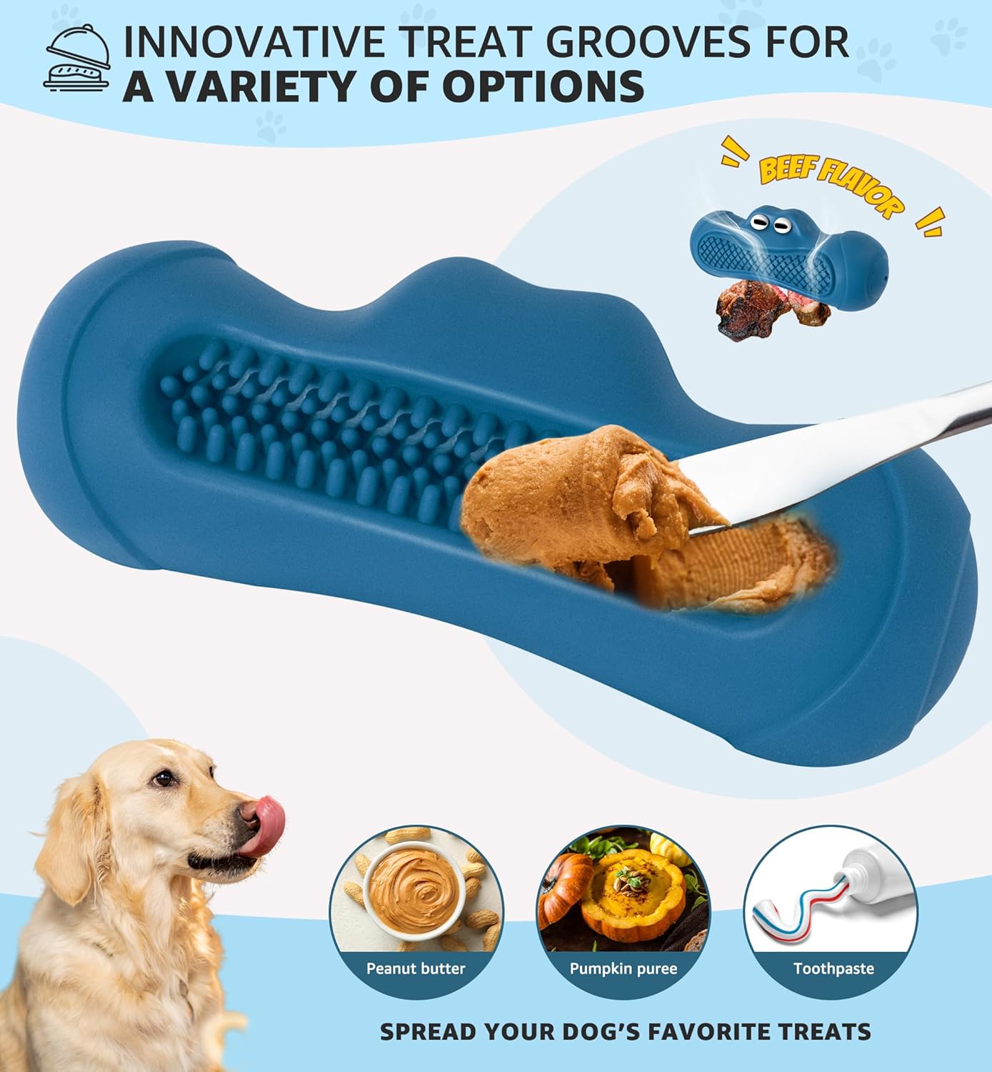 Durable Dog Chew Toy for Aggressive Chewers, Tough Natural Rubber Squeaky Dog Toy with Irresistible Beef Flavor, Dental Care, Teeth Cleaning & Boredom Relief for Medium & Large Dogs (Blue)