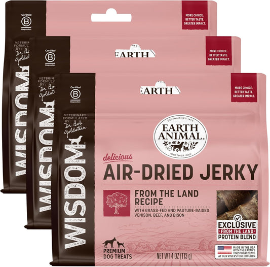 Earth Animal Wisdom Air-Dried Jerky from The Land Recipe | Dog Treats | Dog Snacks | Premium Natural Red Meat Jerky Strips | 4 oz | Made in The USA (Pack of 3)