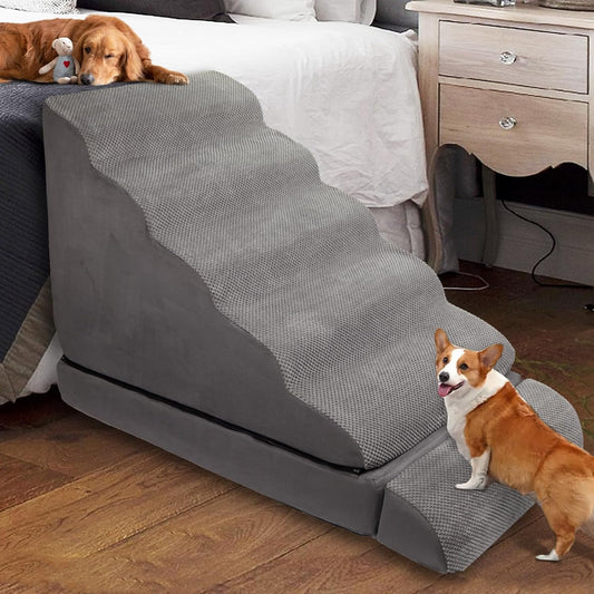 Dog Stairs/Steps for High Beds up to 30-36 inches, A.FATI 6 Step Foam Pet Steps for Small Dogs/Old Pets, 30" H Non-Slip Dog Ramp for Bed, Grey