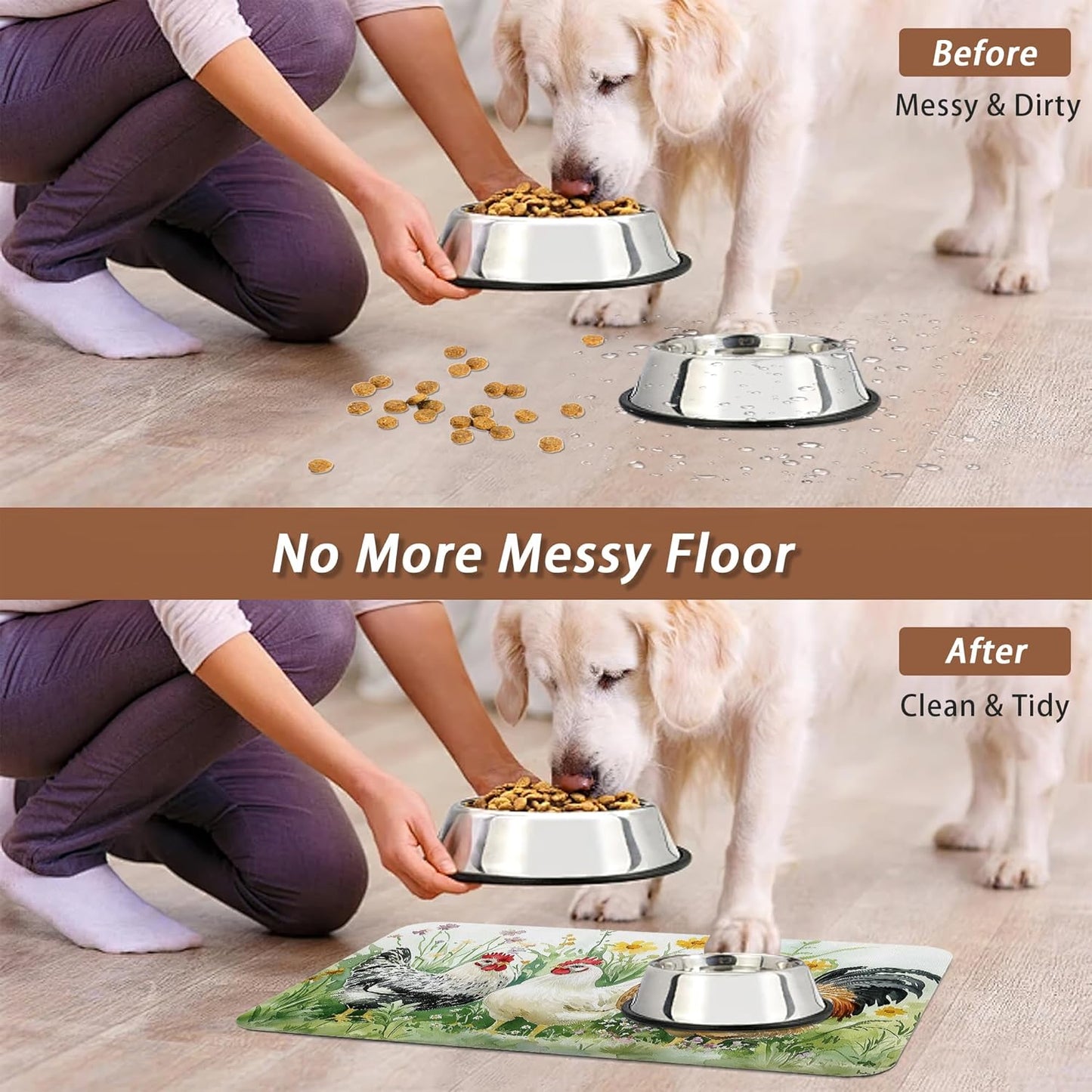Chicken Rooster Dog Food Mat for Floors,Farm FlowerAbsorbent Pet Food and Water Bowl Mats,Non-Slip Pet Feeding Mat,Pet Supplies 12" x 20"