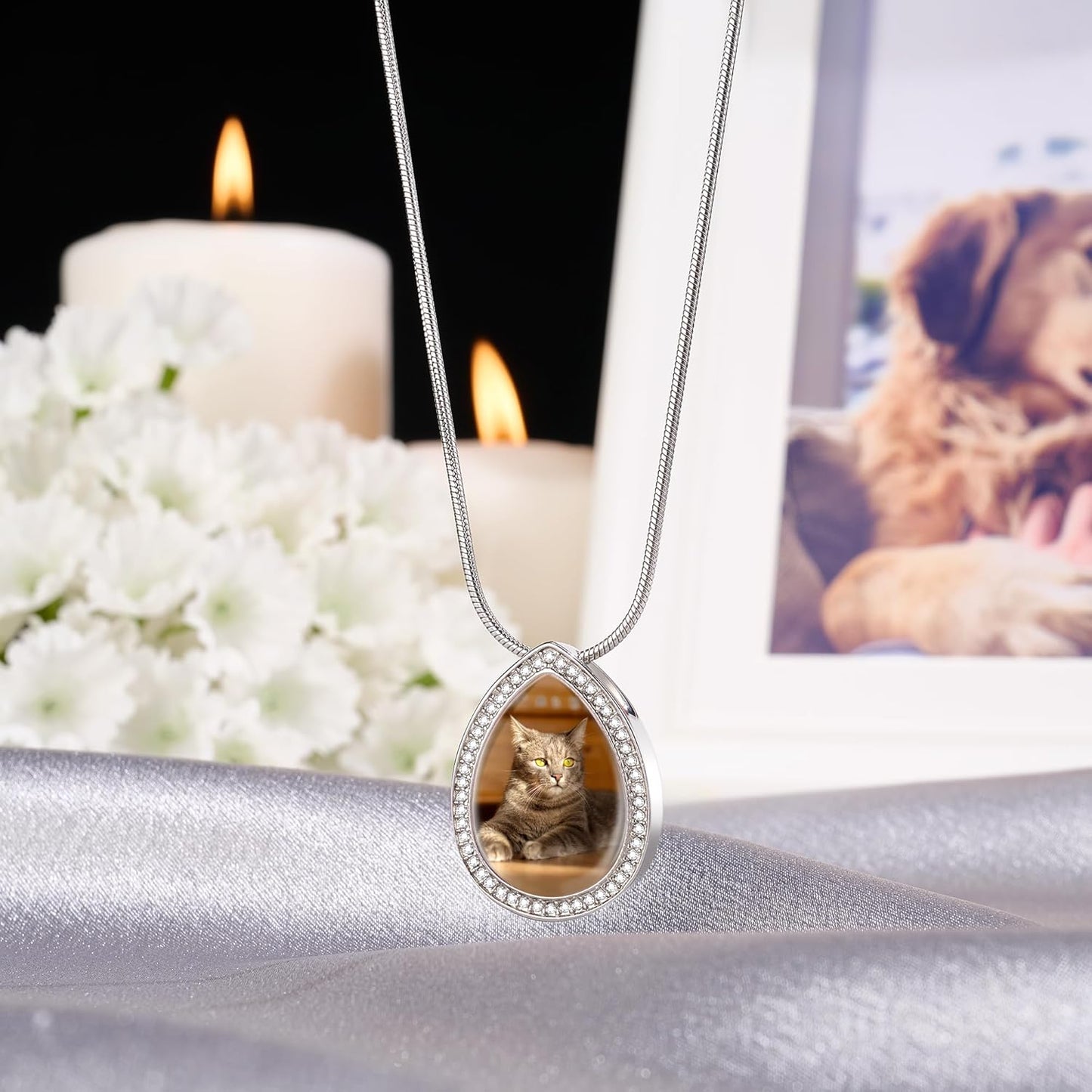 Fanery Sue Personalized Pet Ashes Necklace for Dog Cat Custom Photo&Text Pet Loss Sympathy Gift Cremation Jewelry