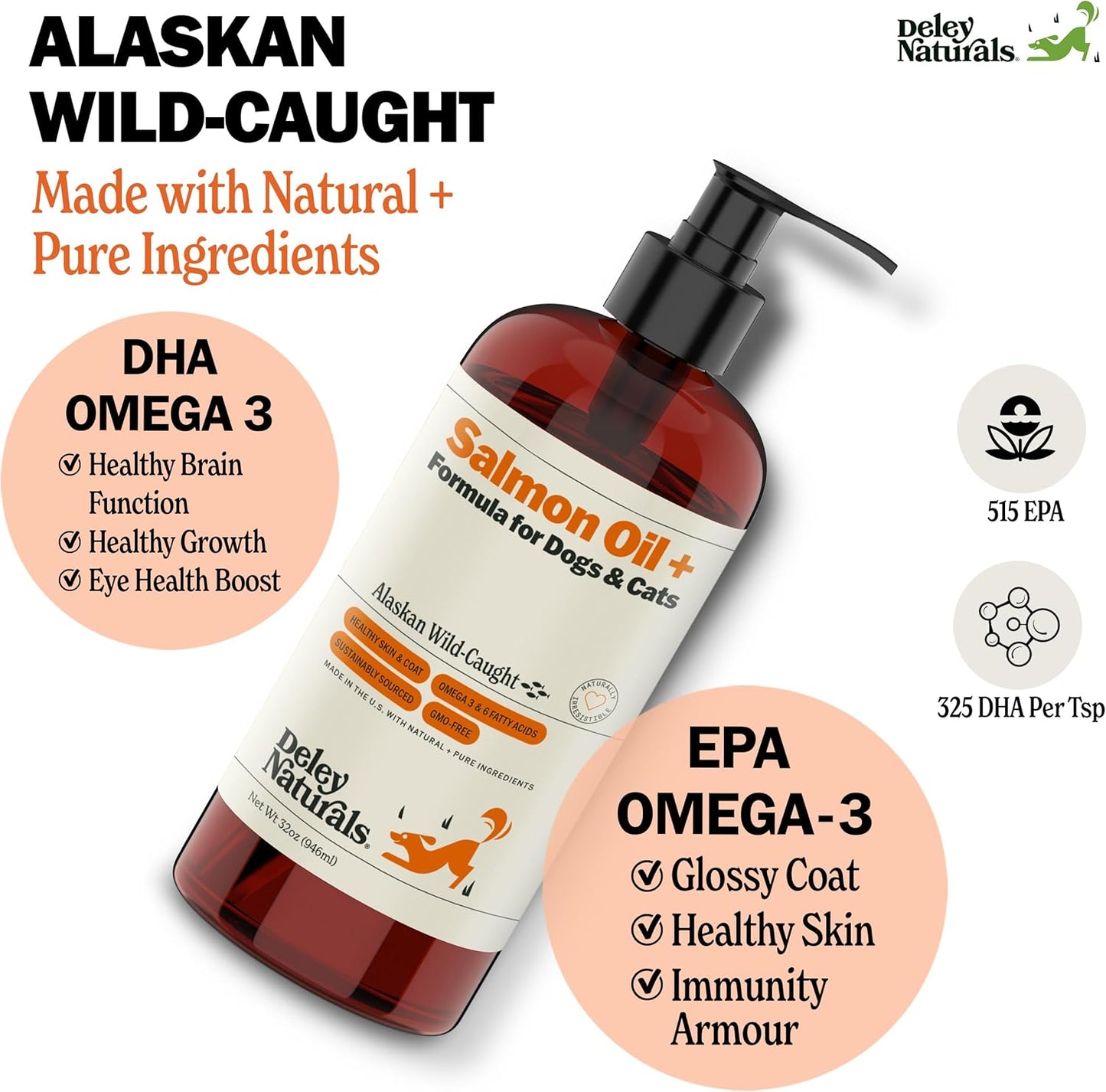 Deley Naturals Wild Alaskan Salmon Oil for Dogs - New & Improved Salmon Oil Plus Formula - Fish Oil for Dogs with DHA EPA Omega 3 & 6 Fatty Acids - Omega 3 Fish Oil for Skin & Coat - 32oz Made in USA