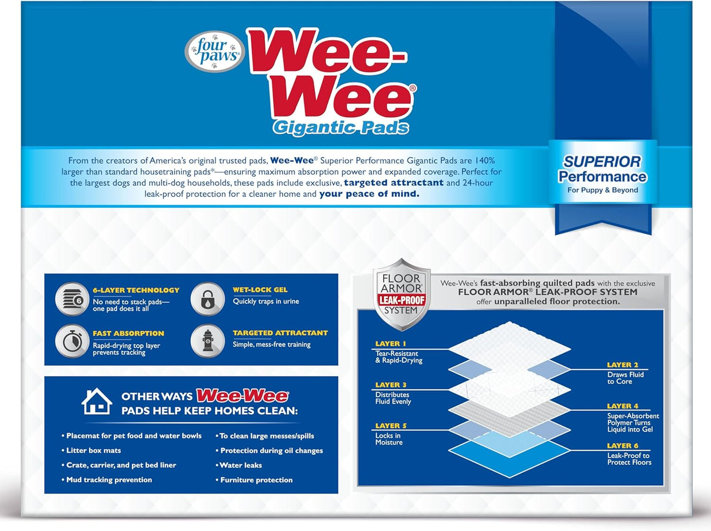 Four Paws Wee-Wee Superior Performance Unscented Large Pee Pads for Dogs & Puppies, Quilted Leak-Proof Dog Housebreaking Potty Training Floor Protection, 27.5" x 44", 150 Count