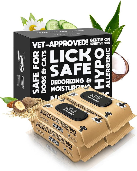 Lick-Safe Pet Wipes for Dogs & Cats - Vet-Approved & Hypoallergenic - Cleans Mud, Odors & Dander - Feline & Dog Wipes for Paws, Face & Butt - Earth-Friendly & Unscented Cat Cleaning - Pack of 400