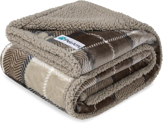 PetAmi Waterproof Dog Blanket for Medium Large Dog Puppy Cat Throw for Couch Cover Leakproof Protection, Sherpa Fleece, Reversible Soft Washable 60x40 Plaid Taupe