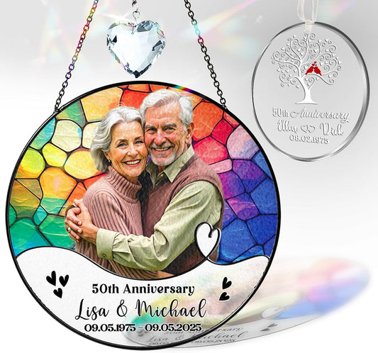Personalized Photo 25th, 50th, 60th Wedding Anniversary Window Faux Stained Glass Suncatcher Crystal Custom Hanging Ornament 1st, 5th, 10th, 30th for Grandparent, Husband from Wife
