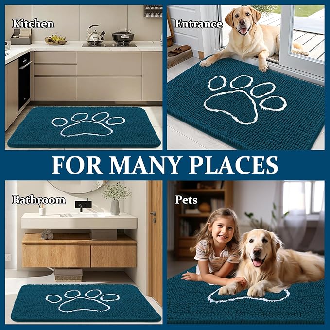OLANLY Door Mat for Muddy Dog Paws 59x35, Absorbent Chenille Mud Doormat with Paw Print Design, Non-Slip Washable Doormat for Indoor Entryway, Quick-Dry Pet Bed Mats for Dirty Dogs, Atlantic Blue