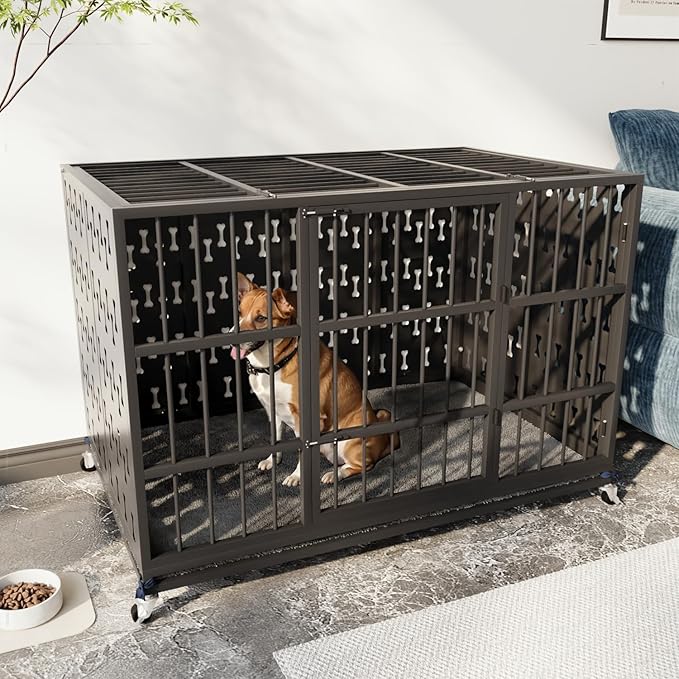 LEMBERI 48/42 inch Indestructible Heavy Duty Dog Crate with Cushion, High Anxiety Extra Large Dog Cage for Large Dogs, XL Steel Escape Proof Dog Kennel with Locking Wheels