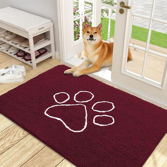 OLANLY Door Mat for Muddy Dog Paws 48x30, Ultra Absorbent Chenille Mud Doormat with Paw Print Design, Non-Slip Washable Doormat for Indoor Entryway, Quick-Dry Pet Bed Mats for Dirty Dogs, Burgundy